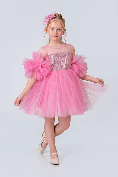 vestitino Rochie de seara pentru fete cu maneca pompon cu paiete cu paiete