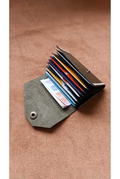 cgderi Genuine Real Leather 10 Compartment Women Men Accordion Wallet Card Holder Khaki Green