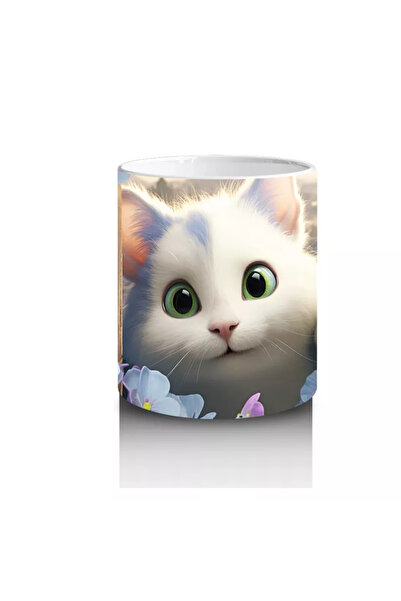 Wisdom Rain White Cat with Green Eyes Shining among Purple Flowers Mug