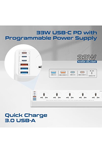 Promate PowerMatrix2-5M 16-in-1 Power Strip, 10 Child-Safe AC, 3xUSB-C, 3xUSB-A, 33W PD, 5M