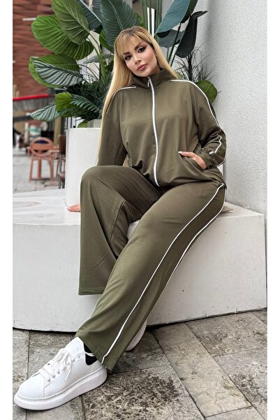 Butik Nilyam Women's Plus Size Double White Piped Detail Stretch Fabric Two Thread Cardigan Bottom - Top Set 25090