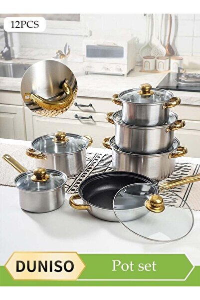 DOMEET 12 Pcs Stainless Steel Cookware, Non Stick Household Kitchen Pot, Ergonomic Gold-Plated Handle, Easy