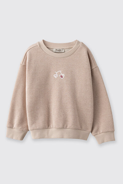 Panço Baby Girl Glitter Detailed Embroidered Beige Sweatshirt