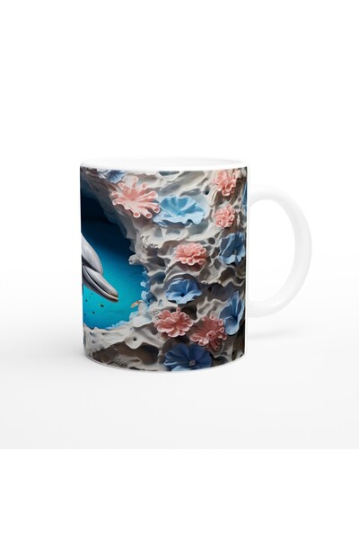 Wisdom Rain Dolphin Themed Underwater Mug Surrounded by Blue and Pink Corals
