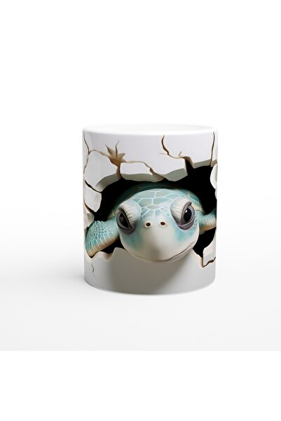 Wisdom Rain Water Green Sea Turtle Mug Cup Looking through the Cracked Wall