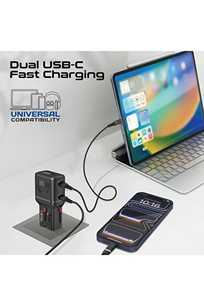 Promate TriPlug-65PD 65W GaNFast Travel Charger, Dual USB-C PD with PPS