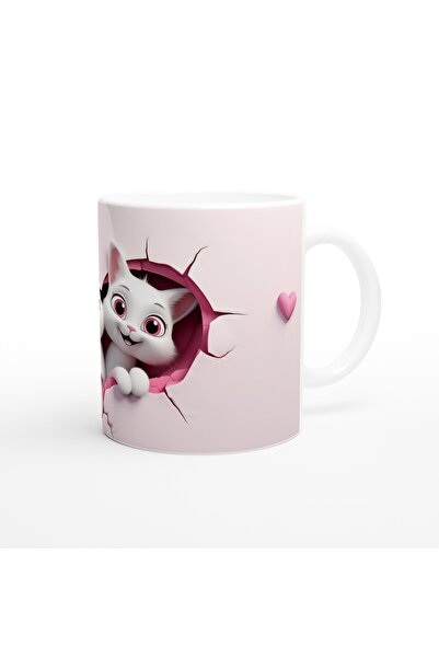 Wisdom Rain Cheerful Cats Looking through the Pink Cracked Wall Themed Printed Mug