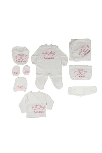 bebegen Pembe Esmanur Yazılı İsme Özel Kanat Nakışlı 8 Parça Hastane Çıkış Seti