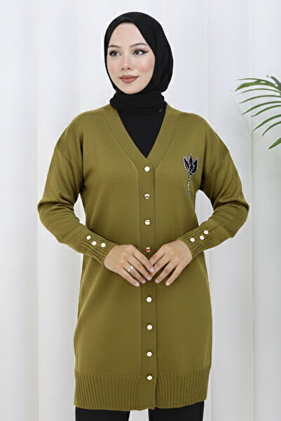 benguen Collar Detailed Long Mercerized Cardigan N3260 Oil Green