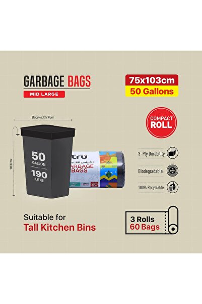 Tru ® Garbage Bags Compact Roll Black 75 x 103 cm 50 Gallon (20 pc x 3 Rolls) 60 bags