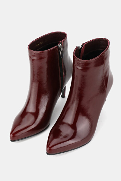 TUNAELLİ Women's Burgundy Patent Leather Genuine Natural Leather Size 35-40 Thin Heel Pointed Toe Boots & Booties