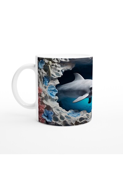 Wisdom Rain Dolphin Themed Underwater Mug Surrounded by Blue and Pink Corals