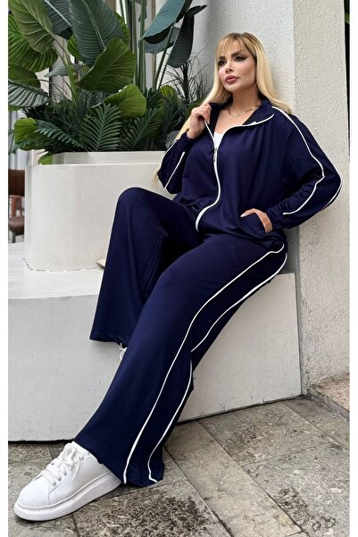 Butik Nilyam Women's Plus Size Double White Piped Detail Stretch Fabric Two Thread Cardigan Bottom - Top Set 25090