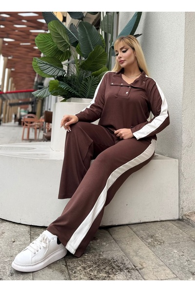 Butik Nilyam Γυναικείο σετ μεγάλου μεγέθους με γυριστό γιακά με ρίγες στο πλάι από ύφασμα Modal ελαστικό μαλακό με υφή - Σετ επάνω μέρος 25092