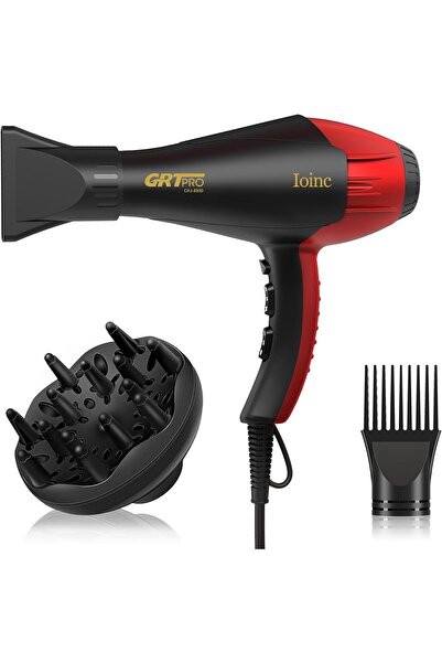 GRT PRO Professional Hair Dryer 2400W Ionic AC Motor with Diffuser & 2 Nozzles (Black)