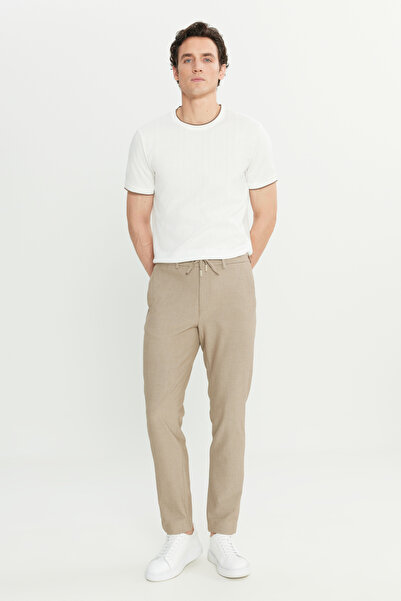 ALTINYILDIZ CLASSICS Ανδρικό παντελόνι ταξιδιού casual σε μπεζ χρώμα εφαρμοστό με στενή εφαρμογή με σχέδιο γκόφρε με δεμένη μέση και πλαϊνές τσέπες