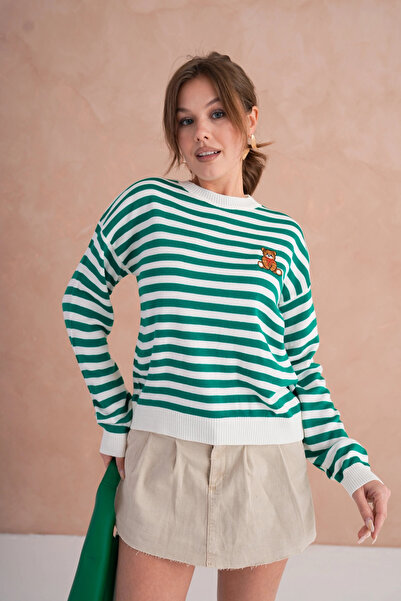 Park Karon Women's Crew Neck Embroidery Detail Striped Knitwear Sweater