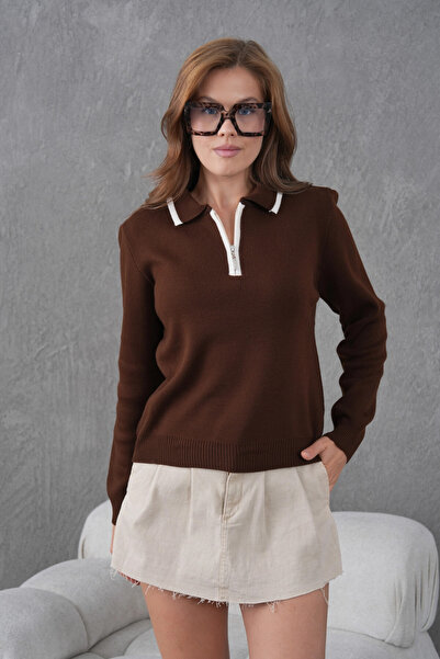 Park Karon Women's Polo Neck Half Zipper Closure Basic Knitwear Sweater