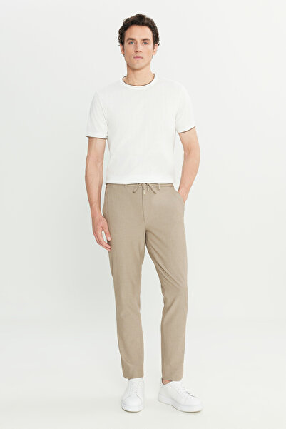 ALTINYILDIZ CLASSICS Ανδρικό παντελόνι ταξιδιού casual σε μπεζ χρώμα εφαρμοστό με στενή εφαρμογή με σχέδιο γκόφρε με δεμένη μέση και πλαϊνές τσέπες