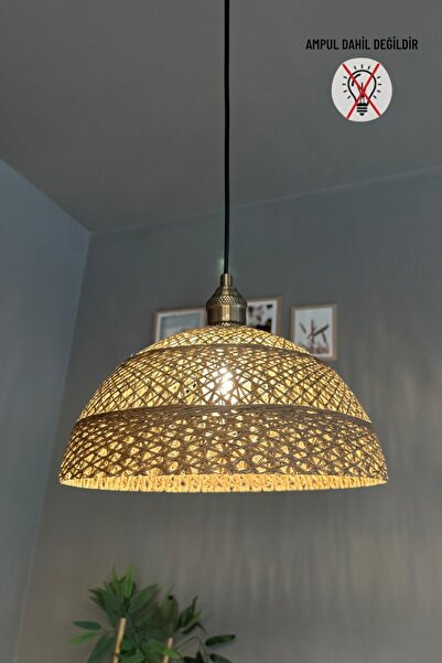 Bamyum Bohem Recycle İplik Jüt El Yapımı Sütlü Kahve Hasır Eskitme Lale Başlık Tekli Avize