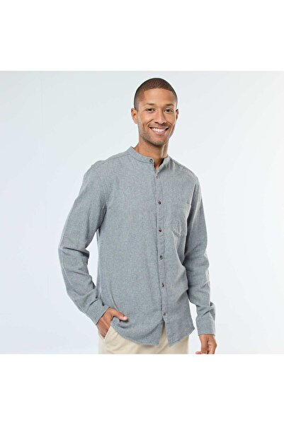 KİABİ Plain Flannel Shirt with a Mandarin Collar GREY