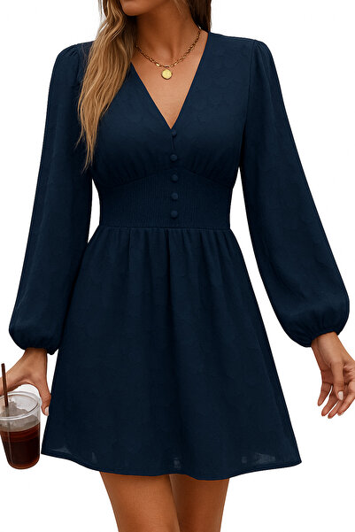 OEM Knee-length summer dress with long sleeves, blue, size M