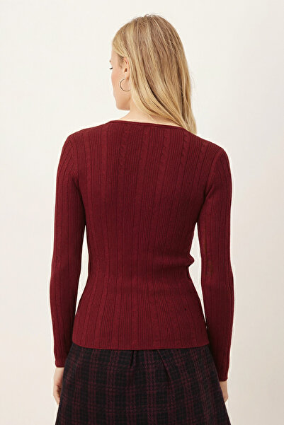 armonika Women's Burgundy V-Neck Fitted Long Sleeve Blouse Arm-26K001058