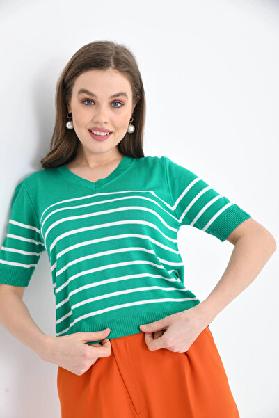 Park Karon Women's V-Neck Striped Short Sleeve Knitwear Sweater