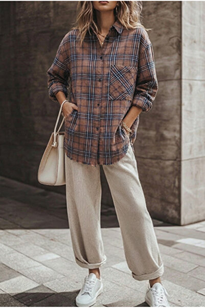 FEMELLE Women's Brown Plaid Pattern Single Pocket 100% Cotton Oversized Shirt (Get 1 Size Smaller)