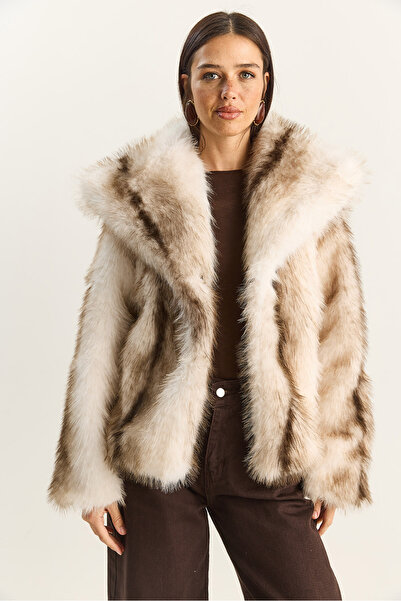 Bianco Lucci Women's Patterned Wide Collar Lined Faux Fur Coat 2850 60281125