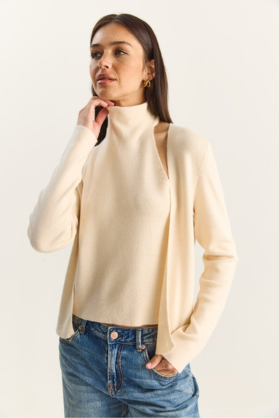 Bianco Lucci Γυναικεία ζακέτα με λαιμόκοψη και λεπτομέρεια μπλούζας μέσα ζακέτα TH251006 60283834