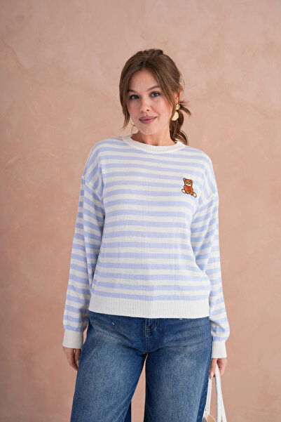 Park Karon Women's Crew Neck Embroidery Detail Striped Knitwear Sweater