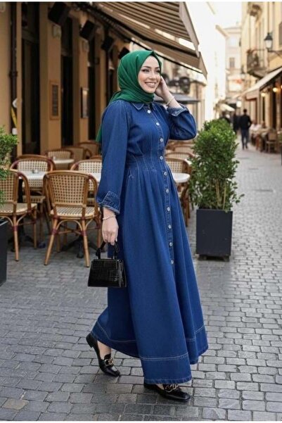 Hb Harma Time Butik Women's Gathered Waist Buttoned Dark Denim Blue Dress
