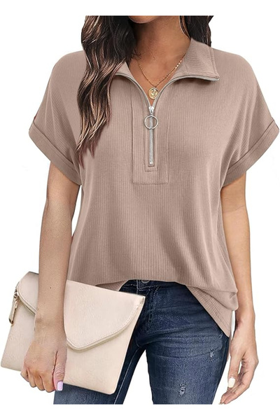 OEM Women's loose summer T-shirt, 1/4 zipper, cream 2XL