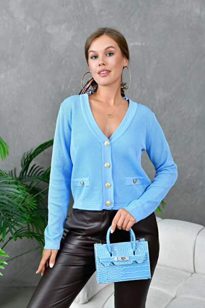 Park Karon Women's V-Neck Button Detail Embroidered Knitwear Cardigan