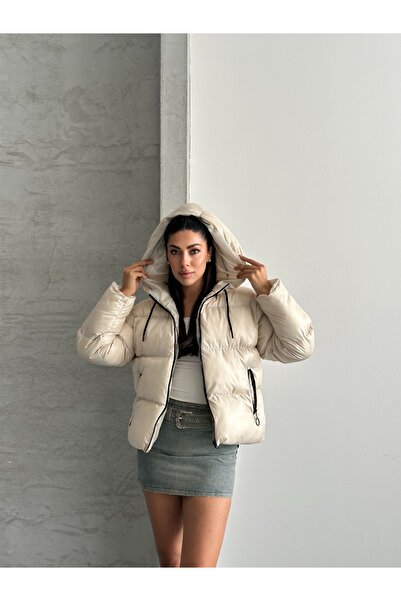 Fashionbox γυναικείο τζελ φόρμα με με κουκούλα φερμουάρ αδιάβροχο φουσκωτό παλτό 25222