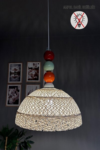 Bamyum Bohem Recycle İplik Jüt El Yapımı Ekru İplik Üç Renkli Boncuk Başlık Tekli Avize