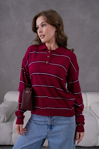 Park Karon Pulover tricotat cu dungi pentru femei, cu guler polo, cu închider...