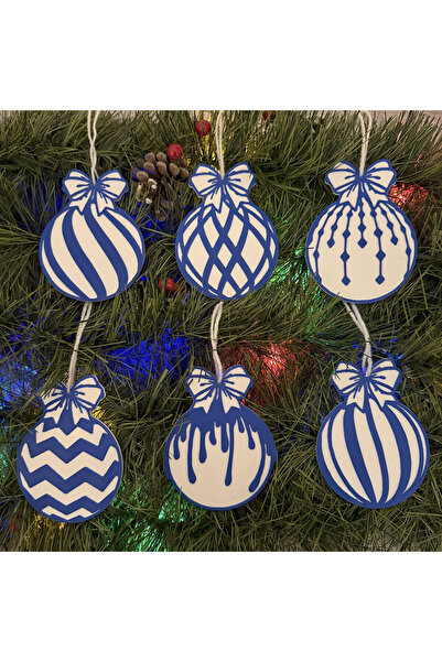 DECORADI Set 6 ornamente brad Craciun, Alb/Albastru, diametru 9 cm, Cadou Cra...