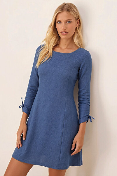 armonika Γυναικείο Σκούρο Μπλε Φόρεμα με Μακρύ Μανίκι με Σφιγκτήρα στο Χέρι ARM-26K001033