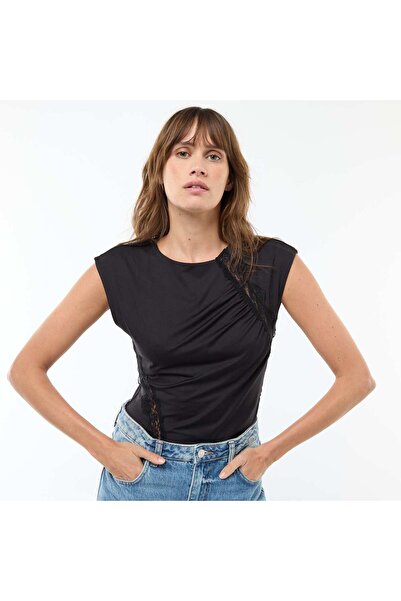 KİABİ Lace Front Sleeveless T-shirt BLACK