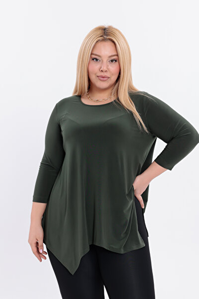 HELVEYS Asymmetrical Cut Flexible Stretch Fabric Long Sleeve Crew Neck Stylish Sandy Plus Size Blouse – 5012