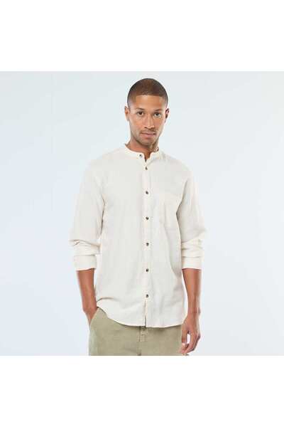 KİABİ Solid Flannel Shirt with a Mandarin Collar BEIGE