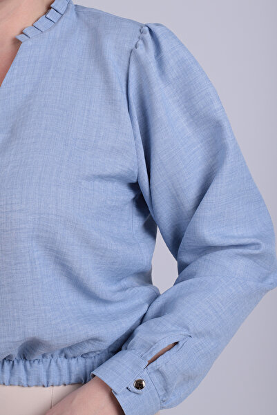 armonika Bluză pentru femei, albastru bebeluș, cu decolteu în V, cu detaliu pliat, cu talie elastică, cu manșete ARM-26K001020