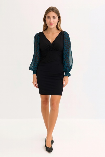 Şans Women's Plus Size Black, Sleeve Chiffon Detail, Wrap Neck Dress 65N39263