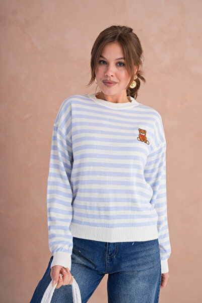 Park Karon Women's Crew Neck Embroidery Detail Striped Knitwear Sweater