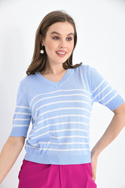 Park Karon Women's V-Neck Striped Short Sleeve Knitwear Sweater