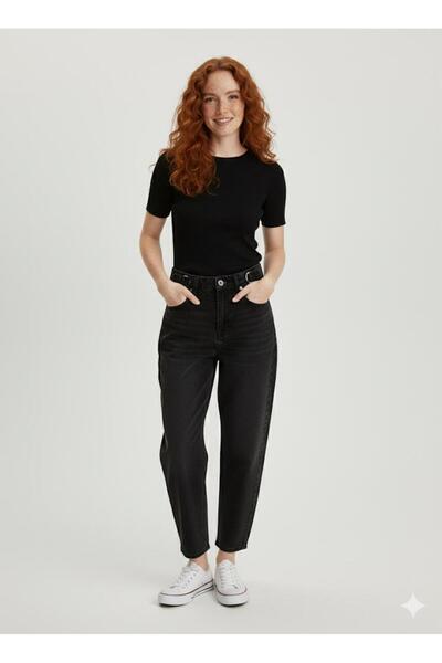 nd jeans Women's Premium Faded Effect Baggy Jeans Side Buckle Detailed Trousers