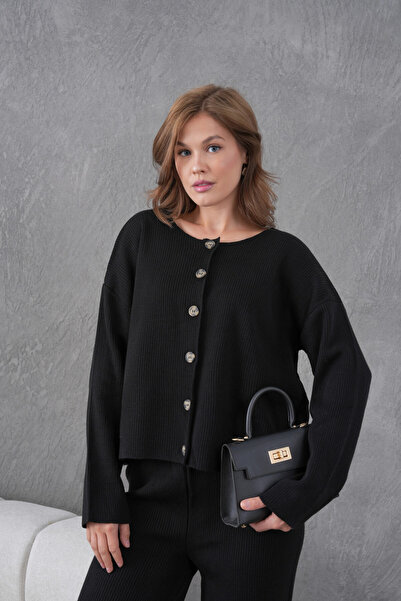 Park Karon Women's Crew Neck Button Closure Ribbed Knit Jacket Pants Two-Piece Knitwear Set