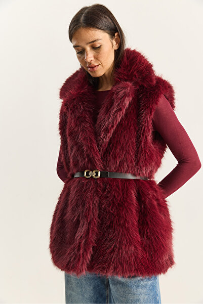 Bianco Lucci Women's Jacket Collar Lined Belted Fur Vest 11155 60281116